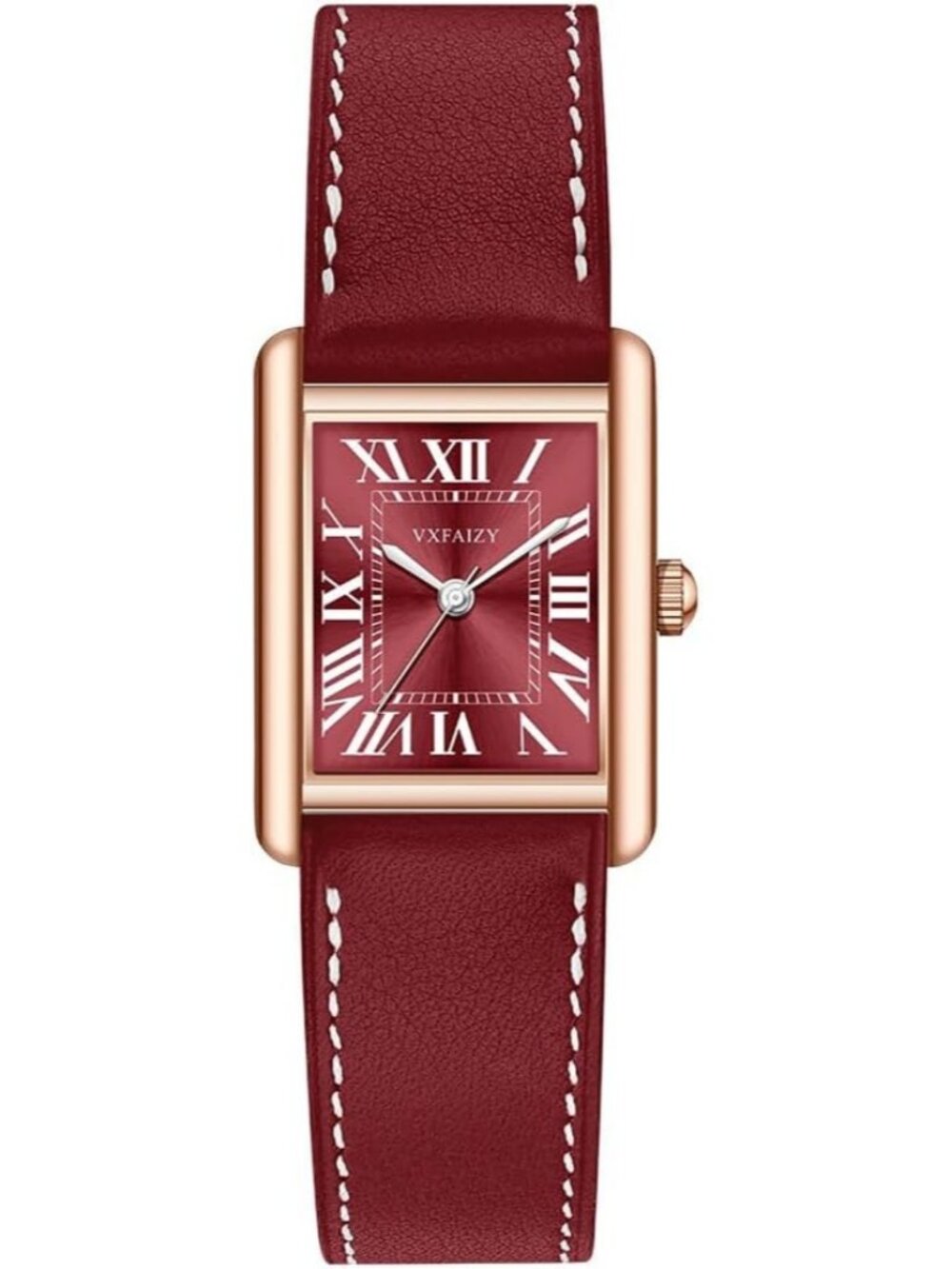 Women's Red Rose Gold Vintage Roman Number Genuine Leather Strap Wrist Watch